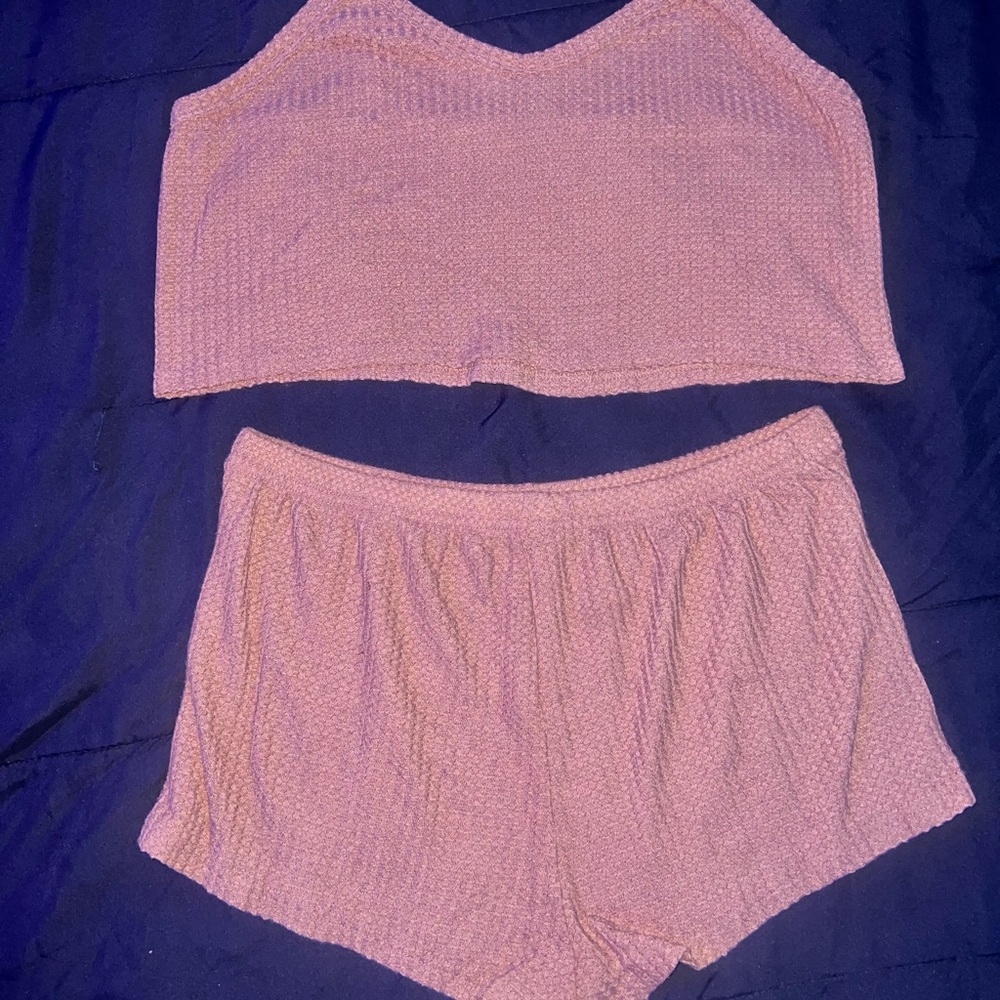 Pink Knit Pajama Set with Cropped Top and High-Waisted Shorts
